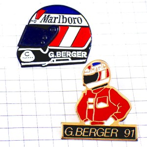 ピンバッジ・ベルガーF1レーサー車のヘルメット２個セット GERHARD-BERGER AUSTRIA