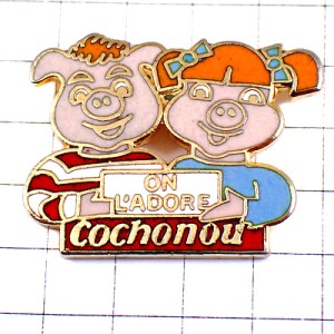 ピンバッジ・ブタ豚のカップル男女ピンク大好きフランス語 COCHONOU FRANCE