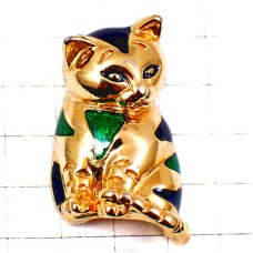 ピンバッジ・光る猫ゴールド金色グリーン緑