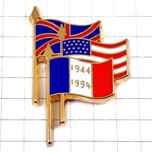 ピンバッジ・フランス英国アメリカ国旗ユニオンジャック星条旗はためく第二次大戦50周年 FLAG ENGLAND USA FRANCE WW2