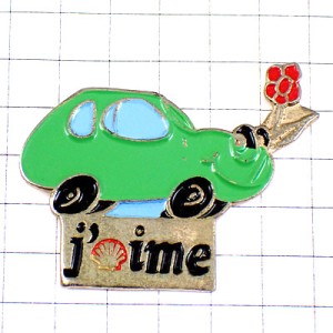 ピンバッジ・赤い花グリーン緑色の車シェル石油