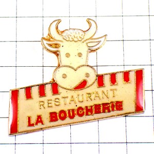ピンバッジ・笑顔の白い牛ウシお肉屋さんのレストラン LA-BOUCHERIE RESTAURANT FRANCE