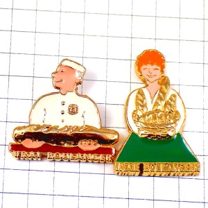ピンバッジ・パン屋さんと奥さんバゲット金色ゴールド BOULANGER FRANCE