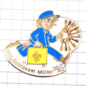 ピンバッジ・鍵束ブルー青い作業服カギ屋さん