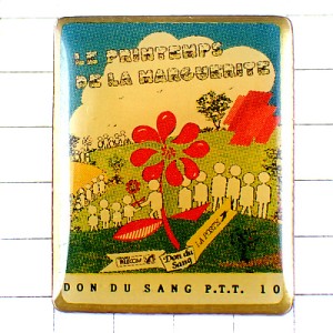 ピンバッジ・春の山に献血の赤い花ラポスト郵便局とフランステレコム電話会社