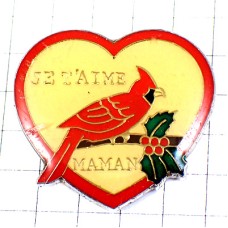 ピンバッジ・お母さん大好きハート赤い小鳥 MAMAN FRANCE