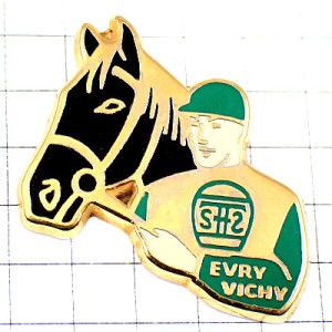 ピンバッジ・黒馬と競馬の騎手ジョッキー EVRY HYPPODROME FRANCE