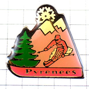 ピンバッジ・ピレネーのスキーヤー雪の結晶ピンク色の山