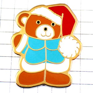 ピンバッジ・クリスマス熊クマ赤白サンタクロースの帽子