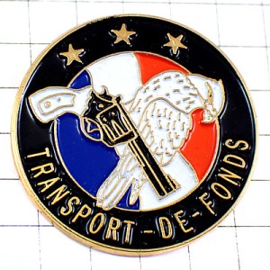 ピンバッジ・ピストル拳銃とイーグル鷲トリコロール青白赤３つ星 POLICE TRANSPORT-DE-FONDS GUN FRANCE