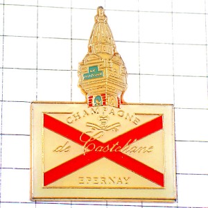 ピンバッジ・カステラーヌのシャンパーニュ酒ラベル赤いＸシャンパン CHAMPAGNE CASTELLANE EPERNAY FRANCE