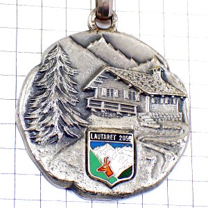 キーホルダー・アルプスの山小屋シャレー鹿の紋章シルバー銀色