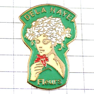 ピンバッジ・白い花の髪の女の子と赤い花 DELAHAYE FLEURS FRANCE
