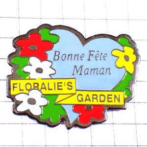 ピンバッジ・花に囲まれた青いハート母の日 BONNE-FETE-MAMAN FRANCE