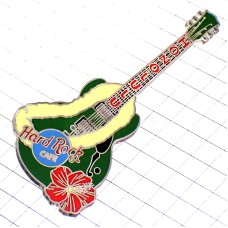 ピンバッジ・ハードロックカフェ店ホノルル花輪レイの巻き付いたエレキギター楽器/USAハワイ州アメリカ HARD-ROCK-CAFE GUITAR HONOLULU HAWAII HULA-DANCE