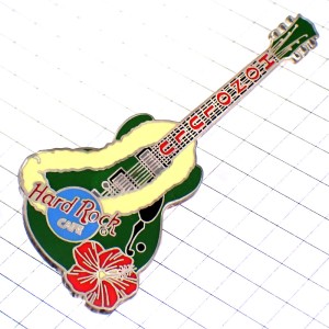 ピンバッジ・ハードロックカフェ店ホノルル花輪レイの巻き付いたエレキギター楽器/USAハワイ州アメリカ HARD-ROCK-CAFE GUITAR HONOLULU HAWAII HULA-DANCE