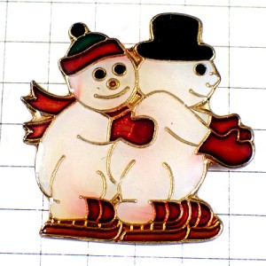 ピンバッジ・帽子の雪だるま二人でスケート赤い手袋カップル