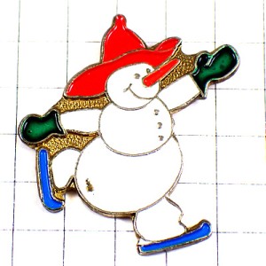 ピンバッジ・雪だるまのスケート緑の手袋と赤い帽子